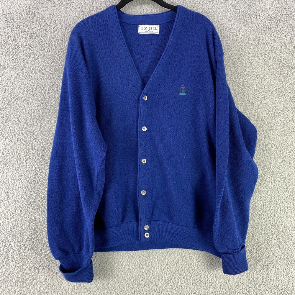 IZOD Cardigan Sweater Mens XL Royal Blue Vintage Made in USA Acrylic V-Neck